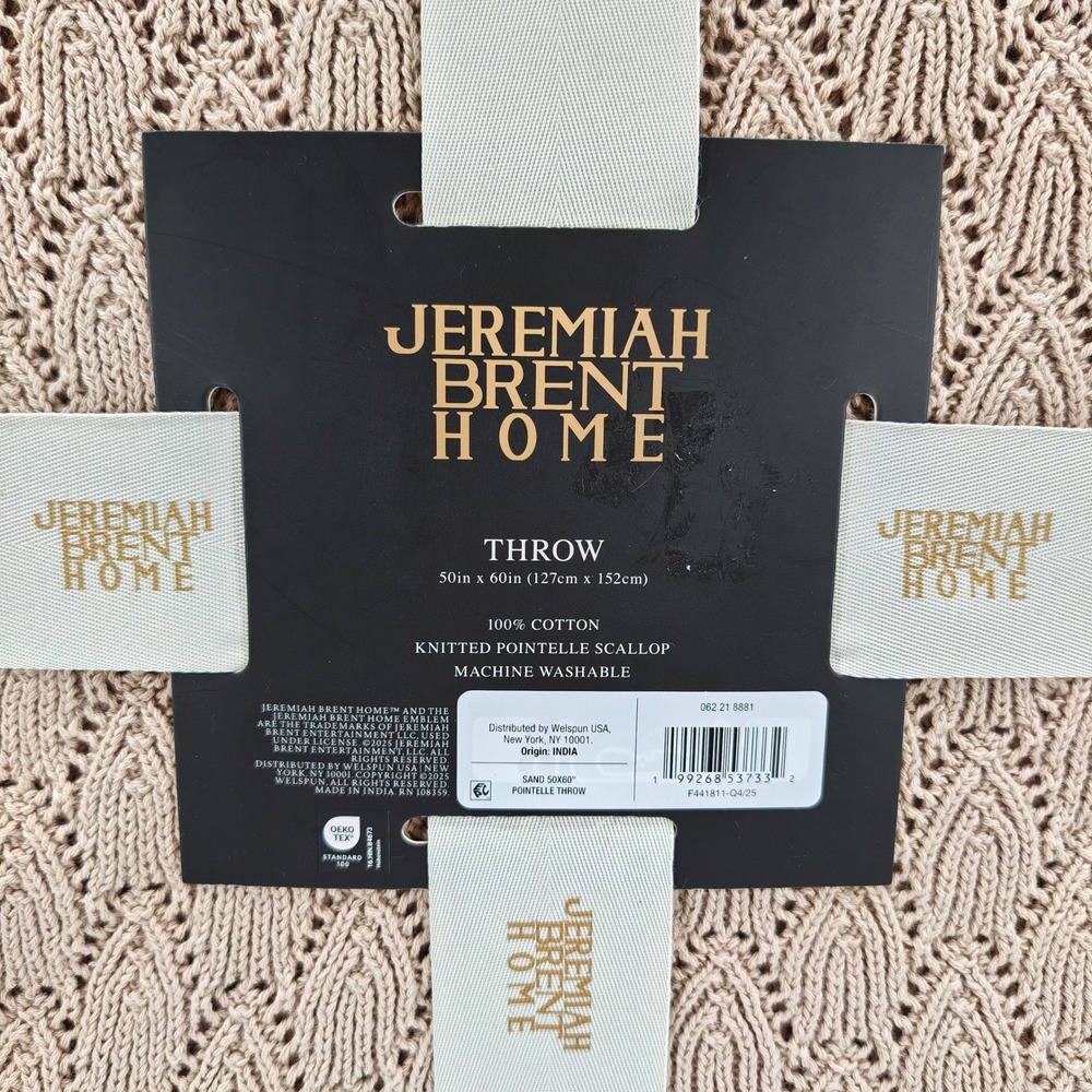 Jeremiah Brent Home Knitted Pointelle Scallop Throw Sand 50x60 100% Cotton NWT - Picture 3 of 7